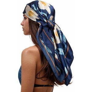 Women's Blue/Gold Head Scarf Like Silk Printed Square Hair Bandanas 35 Inches